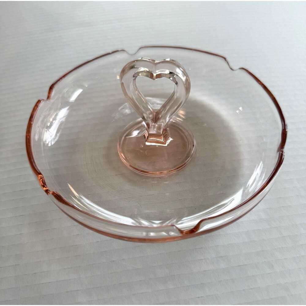 Pink Depression Glass LE Smith Heart Handle Trinket Jewelry Ashtray 6"